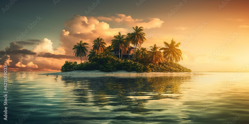 Palm trees on the shore of a sea tropical beautiful deserted beach. Generative AI