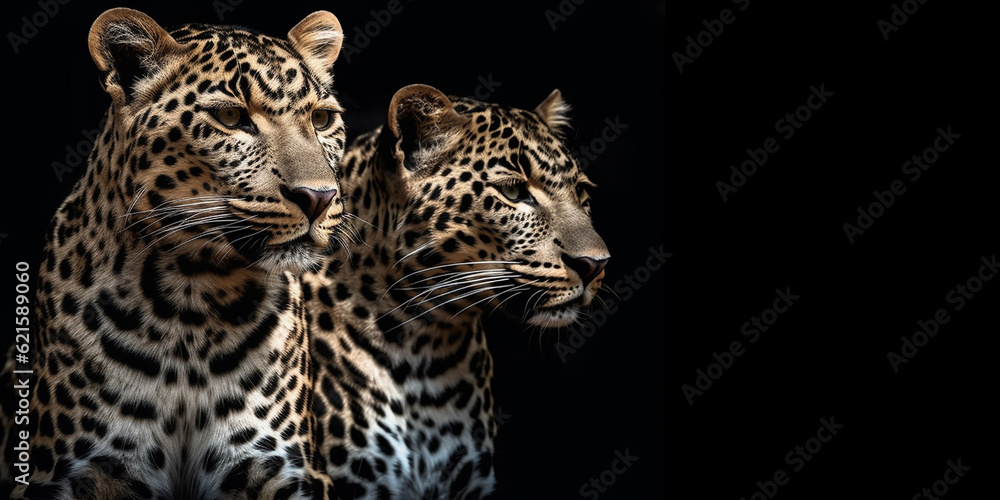 Portrait of two leopards or jaguars on an isolated black background. Generative AI - obrazy, fototapety, plakaty 