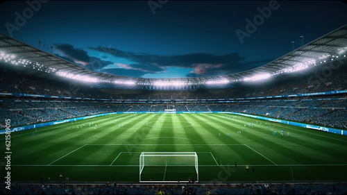 Flying On Grass In Stadium Night is motion footage for FIFA World Cups. Generative ai