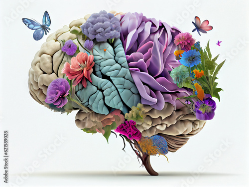 Conceptual image of a flowering human brain, on an isolated background. Generative AI photo