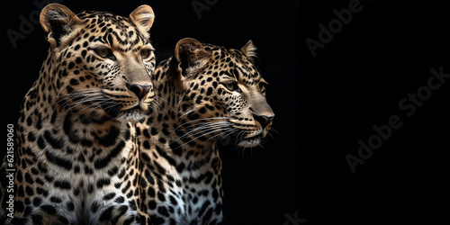Portrait of two leopards or jaguars on an isolated black background. Generative AI photo