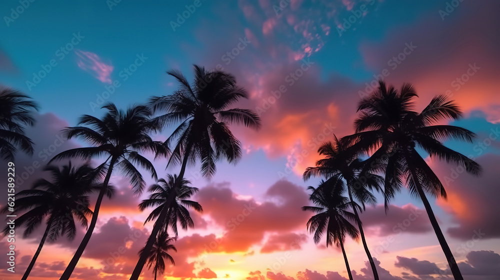 Timelapse Silhouette coconut palm trees in beautiful sunset or sunrise. Generative ai