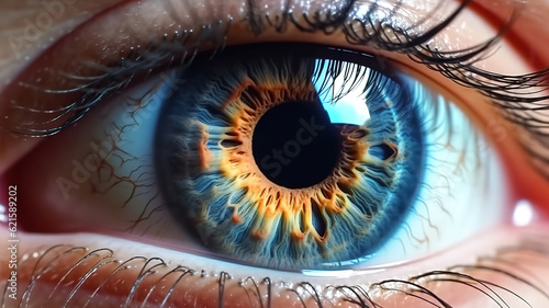 Eye with a camera lens and lens flare in the pupil. Generative ai