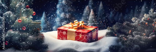 Weihnachtsgeschenk mit goldener Schleife liegt im Schnee umrahmt von Tannen mit Weihnachtskugeln. Banner Panorama Format mit Textfreiraum. Generative KI
