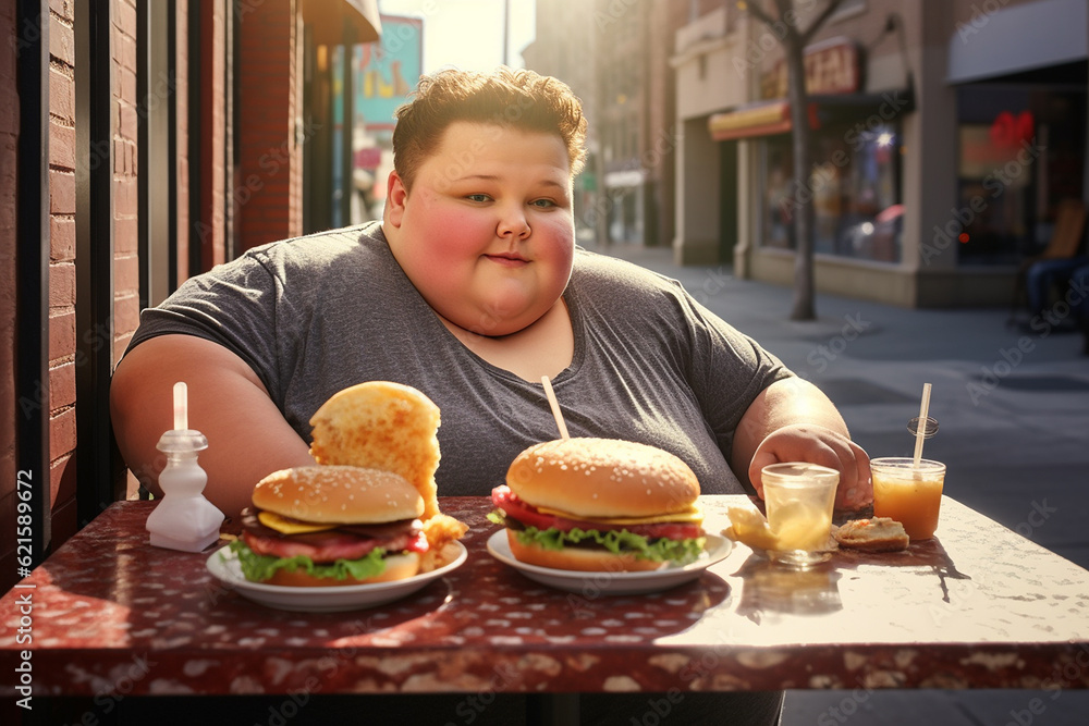Teenager boy with a few burgers at a sidewalk cafe. Obese teenage boy