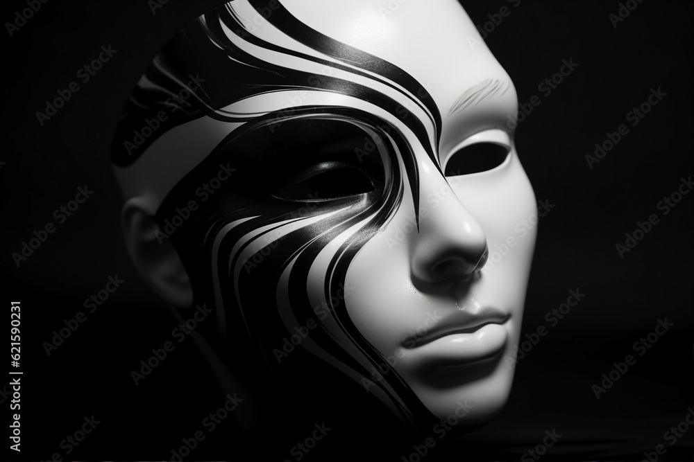 Psychedelic collage generative ai of silhouette person wear mystical white black mask hide identity anonymous character on theatrical stage Psychedelic collage generative ai of silhouette person wear mystical white black mask hide identity anonymous character on theatrical stage