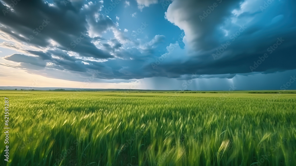 Rainy Sky With Rain Clouds On Horizon Above Countryside Rural Field. Generative ai