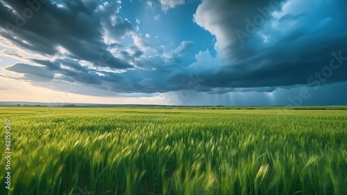 Rainy Sky With Rain Clouds On Horizon Above Countryside Rural Field. Generative ai