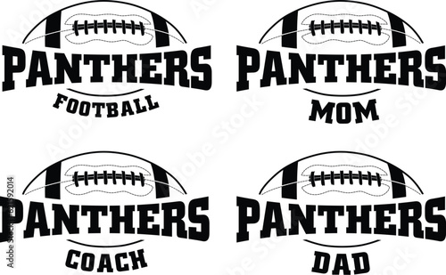 Football - Panthers is a sports team design that includes text with the team name and a football graphic. Great for Panthers t-shirts, mugs, advertising and promotions for teams or schools.