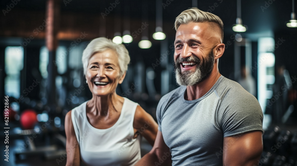 Illustration of smiling senior couple exercising together at the gym. AI generated Illustration Illustration of smiling senior couple exercising together at the gym. AI generated Illustration