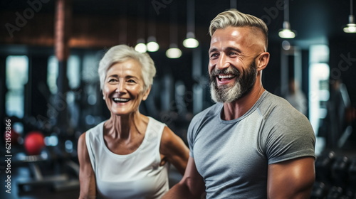 Illustration of smiling senior couple exercising together at the gym. AI generated Illustration