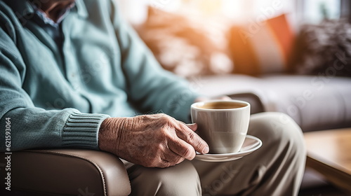 Illustration of Closeup of senior man holding cup of coffee while sitting on sofa at home. AI generated Illustration