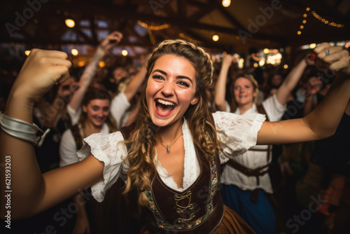 Oktoberfest waitress having fun and dancing at a beer festival event wearing a traditional costume