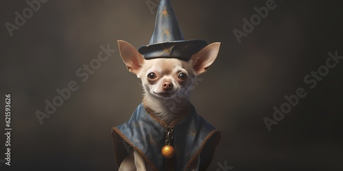 Cute chihuahua dog dressed as a wizard on dark background. halloween