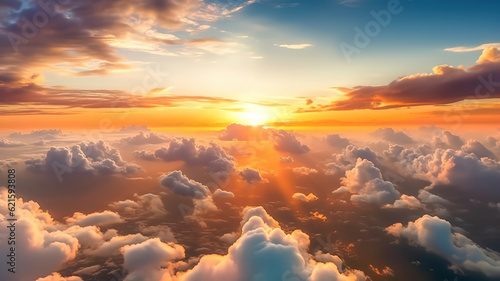 Aerial view of the clouds above the sky with the golden rays of the sun. Generative ai