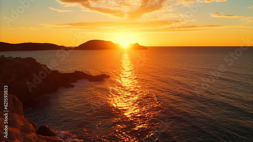 Sunset Over Ocean On Coast Of Ibiza Island. Generative ai