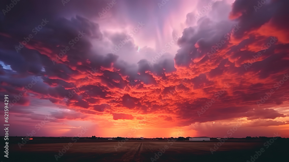 Amazing sunset sky in crimson beams of sun. Generative ai