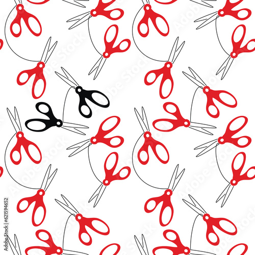 Red scissors icon seamless pattern vector. Abstract linear backdrop illustration. Wallpaper, hand drawn background, fabric, textile, cartoon print, wrapping paper or package design.