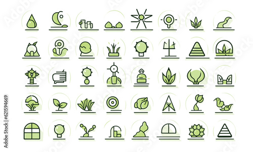 Biology line symbols set. Collection of renewable energy outline icons. Water, power, recycling, solar panels