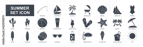 Summer icon set, travel symbols collection, logo illustrations, beach icons, tourism signs linear pictograms package isolated vector illustration