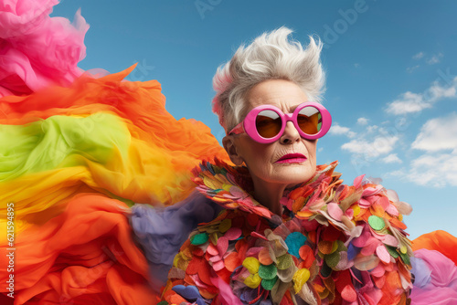 Generative AI illustration of a 55-year-old lesbian woman dressed and made up in haute couture with the colors of the rainbow