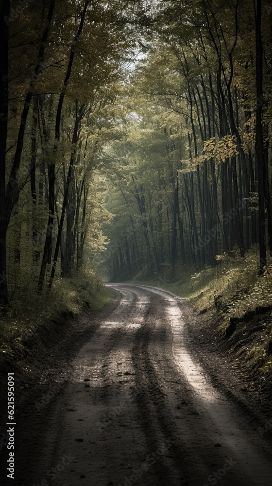Obraz premium Winding dirt forest road. No people.
