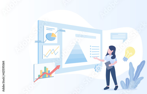 Business ideas concept. Businesswoman present data analysis, financial report, marketing chart, investment trend, graph. Flat vector design illustration.