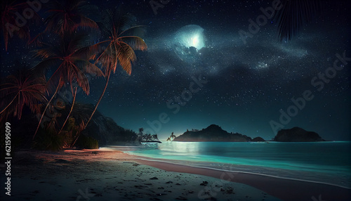 Tropical night summer beach, stunning seascape scene with starry sky, ocean and palm trees. Sea shore outdoor background. Vacation travel destinations