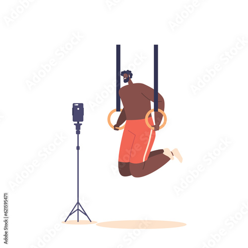 Young Man Doing Push-ups On Gymnastic Rings In Gym and Recording Video Tutorial of Workout Process, Vector Illustration