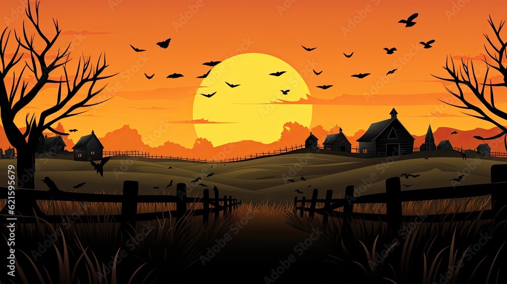 Autumn landscape at harvest farm field with orange and blue sky, Beautiful sunset in mid Autumn in countryside, AI Illustration. Halloween concept design. Banner background for Fall season.