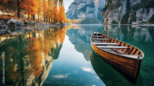 Incredible Aerial View of Row Boats on Lake Braies  Mountain Reflection. Generative ai