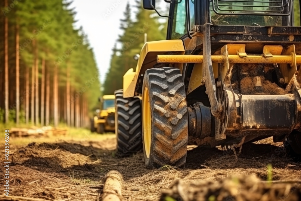 Climate Change Impact. Logging machinery reduces the Earth's capacity to absorb carbon dioxide, worsening global warming.Sustainable logging practices are necessary to mitigate climate change.Close up