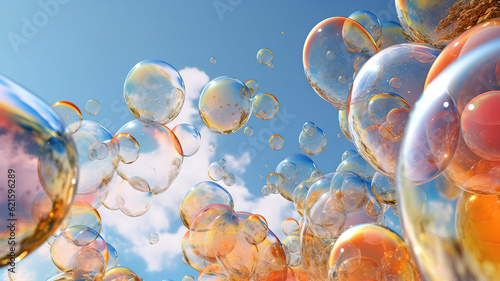 Digital art of bubbles against cloudy sky. Generative ai