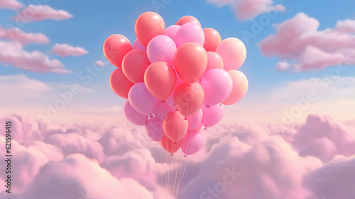 A string of pink balloons while standing on a mountain. Generative ai