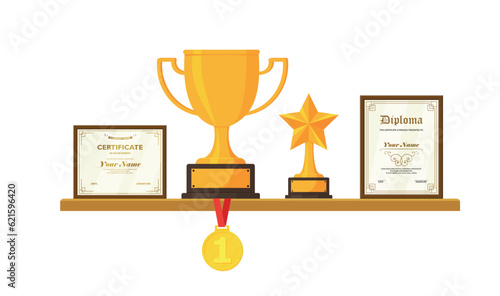 Golden trophy and awards on wooden shelf isolated on white background vector illustration
