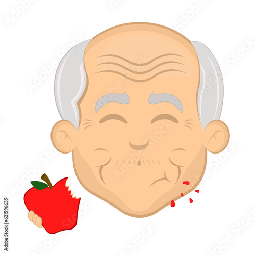 vector illustration face grandfather or old man cartoon eating red apple