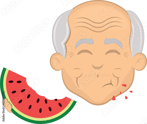 vector illustration face grandfather or older man cartoon eating a watermelon