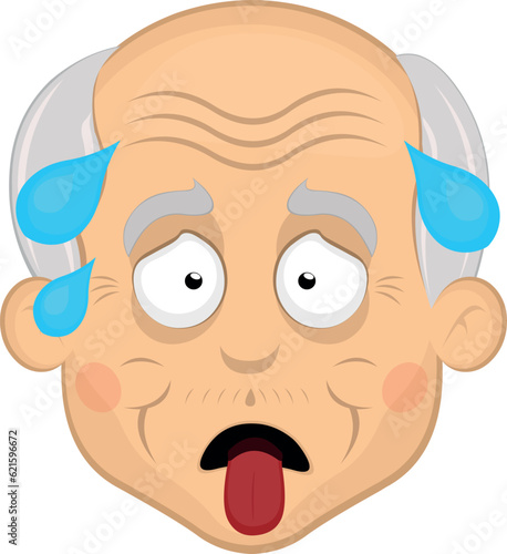 vector illustration face grandfather or old man cartoon, exhausted, with tongue out and beads of sweat on his head