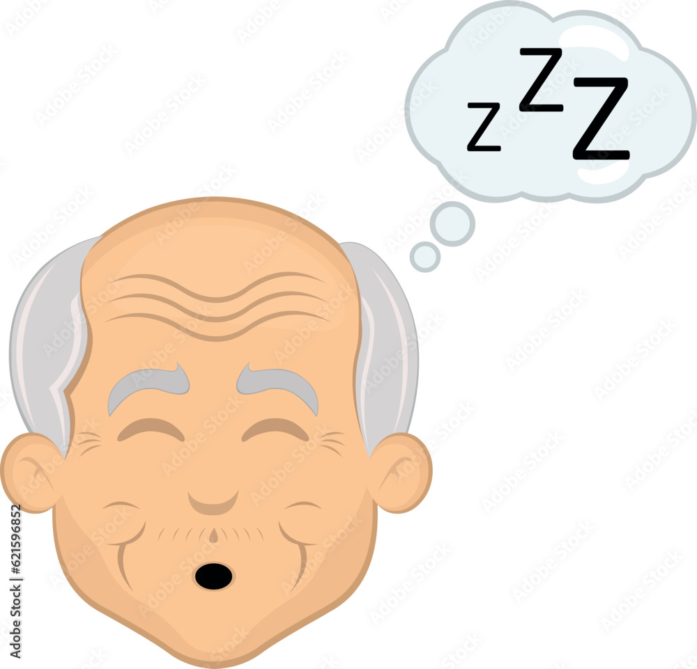 vector illustration face of an elderly man or grandfather cartoon sleeping with a cloud of thought and letters zzz