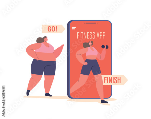 Curvy Woman Exercises With A Fitness Program On Her Phone Screen, Engaging In Dedicated Training Sessions