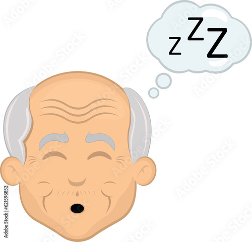 vector illustration face of an elderly man or grandfather cartoon sleeping with a cloud of thought and letters zzz
