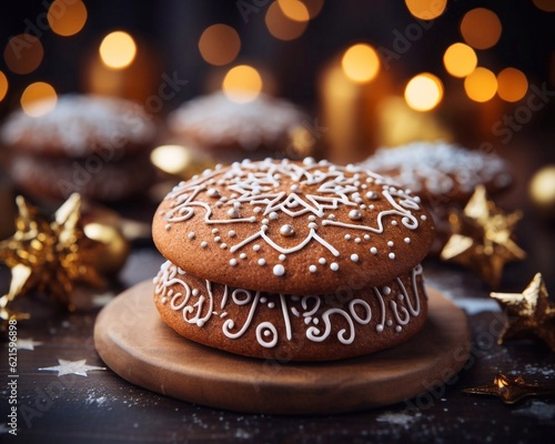 Baked Gingerbread Cookie on Christmass tree party  background. Christmas traditional cookies. AI generated