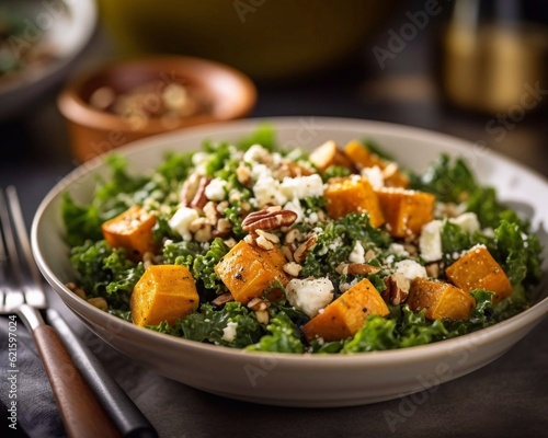 Roasted Pumpkin Salad with Feta and Pesto in bowl on wooden table. aI generated