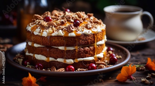 Pumpkin cake with whipped cream and walnuts decor on dark autumn background. AI generated
