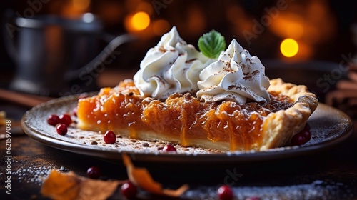 Slice of pumpkin pie with whipped cream decor on autumn background. AI generated