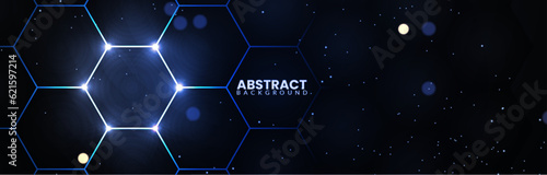 Futuristic hexagonal background with glowing blue neon light. Abstract technology design on a dark polygonal background