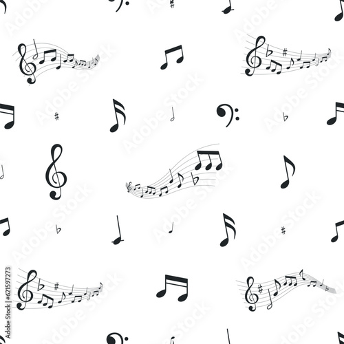 Seamless Pattern with Music Sounds Waves, Musical Notes, Treble Or Bass Clef, Flat Signs On Curvy Stave. Melody Swirl