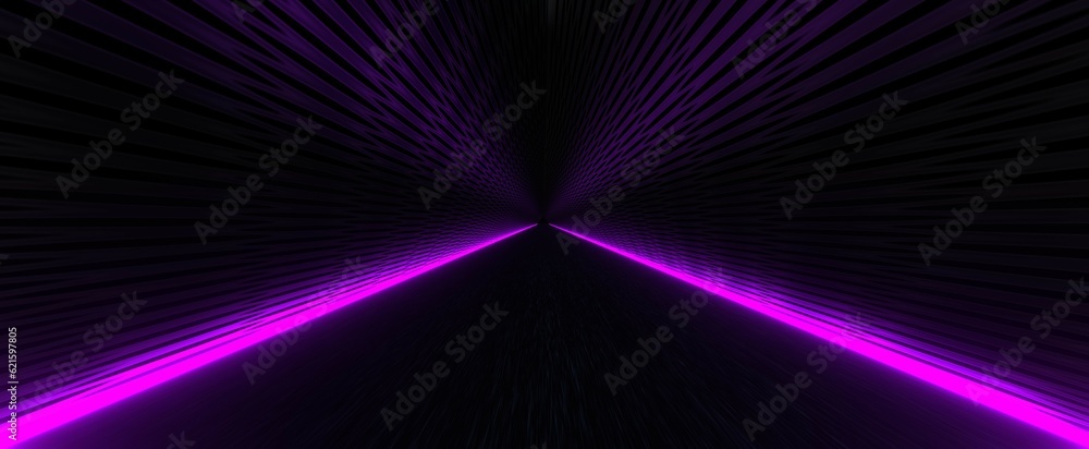 Obraz premium Techno tunnel with purple lights background. Darl neon cyber corridor with 3d render straight highway futuristic design and violet glowing led lines