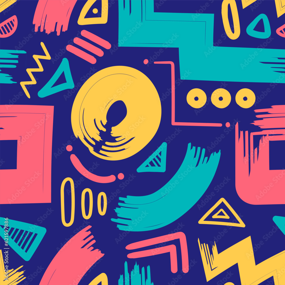 Obraz premium vector rough three color freeform lines brush stroke and geometric seamless pattern on blue