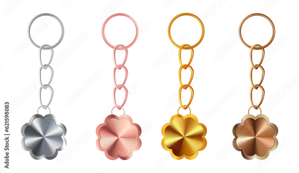 A set of copper or bronze, gold or brass, silver or steel, pink gold keychains in the shape of a flower. Metal key holders isolated on white background. Realistic vector illustration. A set of copper or bronze, gold or brass, silver or steel, pink gold keychains in the shape of a flower. Metal key holders isolated on white background. Realistic vector illustration.